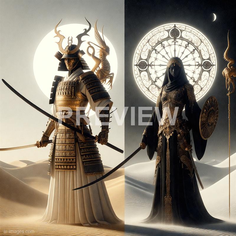 The image depicts two regal figures standing in a desert landscape with rolling sand dunes. On the left, a male warrior dressed in elaborate, ornate armor with a traditional samurai helmet and a flowing skirt, holding a katana, with a large, bright moon behind him and a majestic phoenix perched on his shoulder. On the right, a female figure dressed in intricate, dark, gold-embellished robes, holding a shield and a sword, with a large, illuminated circular design and a crescent moon in the sky behind her, giving a mystical and powerful aura to both characters.